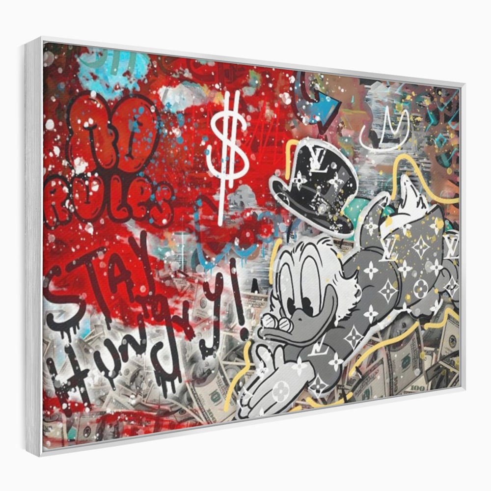Tablou canvas cu tablou canvas cu scrooge mcduck si graffiti, in rama de aluminiu argintiu